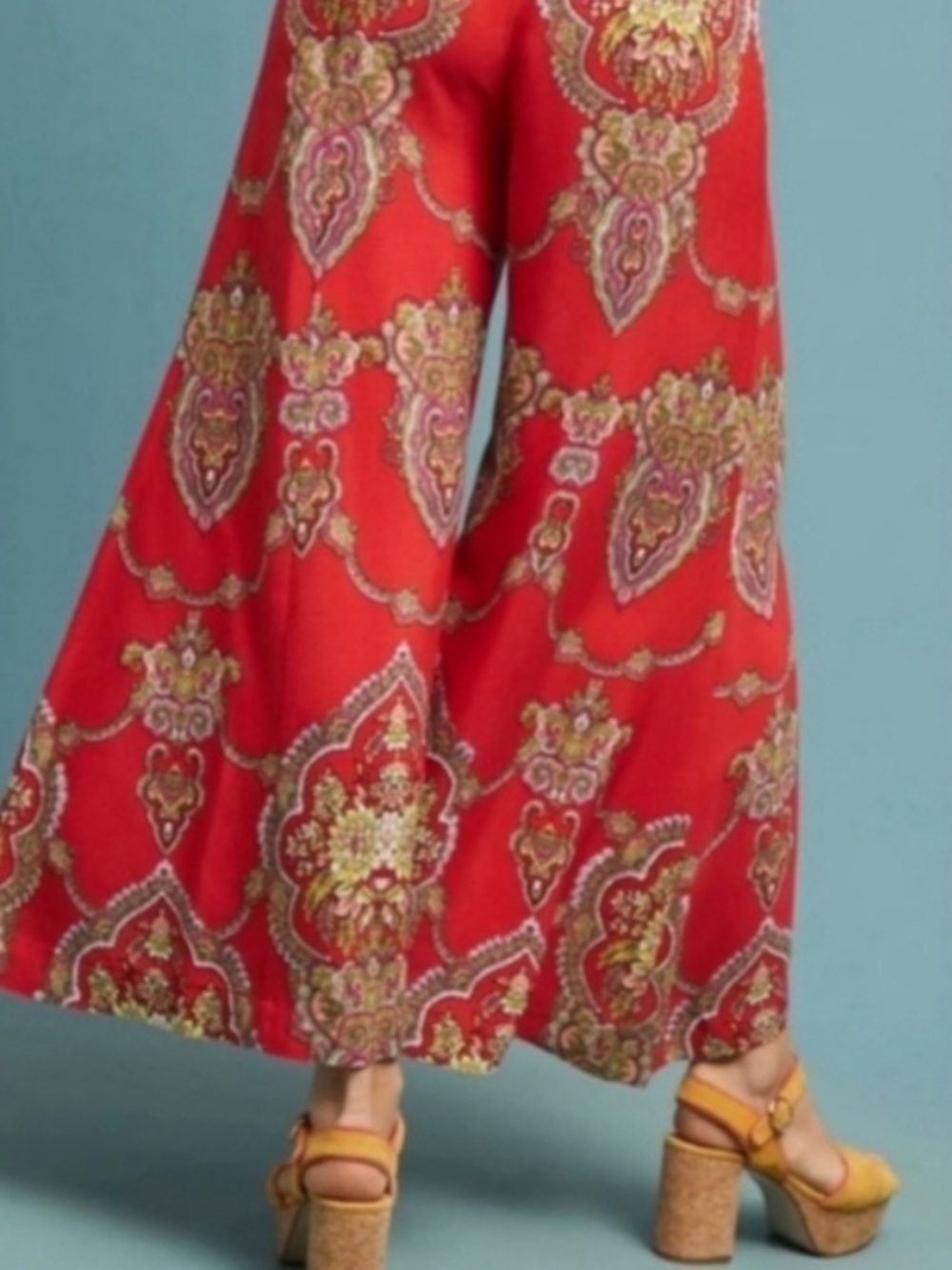 Anthropologie ett:twa Manon Flared Pants Red/Gold Paisley Medallion Size 14 NWT - Picture 3 of 12
